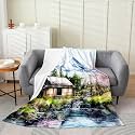 Castle Fairy Lake House Flannel Blanket All Seasons,Japanese Cherry Blossoms Bed Blanket for Kawaii Home Decor,Fuji Mountain Ukiyo-e Painting Bedding Set for Kids Girls Sofa Couch,40"x50"