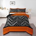 Castle Fairy Orange Stripes Full Size Comforter Set,Gray Black Rectangle Patchwork Reversible Bedding Set Bedroom Collection,Vintage Lines Geometric Soft Quilted Duvet for Girls Teens