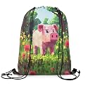 Castle Fairy Pink Pig Drawstring Backpack,Pixelated Style Floral Waterproof Drawstring Bags,Cartoon Animals Bags for Shopping Travelling,Lightweight