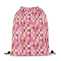Castle Fairy Pixel Grid Theme Drawstring Backpack 13"X25",Cartoon Gamepad Water Resistant Beach Bag,Abstract Simple String Bag for Shopping Yoga,Brown Pink Sackpack for Gym Sports