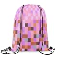 Castle Fairy Pixel Grid Theme String Bag 16X13 Inch Video Gaming Blocks Sports Backpack Birthday Gifts Geometric Colorful Plaid Lattice Pink Purple Drawstring Bags for Women Gym Shopping Sport Yoga