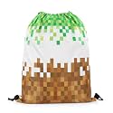 Castle Fairy Pixelated Drawstring Backpack 13"X17",Geometric Patchwork Grid Water Resistant Beach Bag,Games Miners String Bag for Shopping Yoga,Brown Green Sackpack for Gym Sports