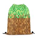 Castle Fairy Pixelated Drawstring Backpack 13"X26",Video Games Gamepad Miners Water Resistant Beach Bag,Geometric Grid String Bag for Shopping Yoga,Brown Green Sackpack for Gym Sports