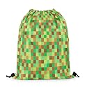 Castle Fairy Pixelated Grid Drawstring Backpack 13"X24",Geometric Camo Blocks Water Resistant Beach Bag,Miners Gamepad Games String Bag for Shopping Yoga,Green Brown Sackpack for Gym Sports