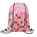 Castle Fairy Pixelated Grid Drawstring Backpack 13"X16" Games Gamepad Miners Sackpack for Gym Sports Geometric Grid Square Pink Blocks Water Resistant String Bag for Women Men