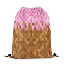 Castle Fairy Pixelated Grid Drawstring Backpack 13"X27",Miners Building Water Resistant Beach Bag,Cartoon Gamepad String Bag for Shopping Yoga,Brown Pink Sackpack for Gym Sports