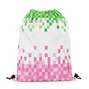 Castle Fairy Pixelated Style Drawstring Backpack 13"X18",Geometric Camouflage Grid Water Resistant Beach Bag,Video Games String Bag for Shopping Yoga,Pink Green Sackpack for Gym Sports