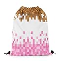 Castle Fairy Pixelated Theme Drawstring Backpack 13"X16",Geometric Grid Water Resistant Beach Bag,Video Games Gamepad String Bag for Shopping Yoga,Pink White Brown Sackpack for Gym Sports