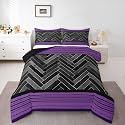 Castle Fairy Purple Stripes Kids Comforter Set King Size,Gray Black Rectangle Patchwork Reversible Bedding Set All Season Quilt,Vintage Lines Geometric Microfiber Polyester Down Comforter