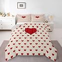Castle Fairy Red Beige Full Size Comforter Set,Cute Heart Pattern Valentine's Day Reversible Bedding Set Bedroom Collection,Cartoon Love Letter Geometric Soft Quilted Duvet for Girls Teens