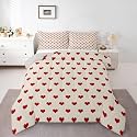 Castle Fairy Red Beige Kids Comforter Set King Size,Cute Heart Print Valentine's Day Reversible Quilted Duvet with 2 Pillowcases Cartoon Love Theme Geometric Comforter for Boys Teens Bedroom
