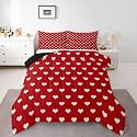 Castle Fairy Red White Bedding Sets Full Size,Cute Heart Print Valentine's Day Reversible Down Comforter Breathable Polyester Quilt Set,Cartoon Love Theme Geometric Duvet Insert,2 Pillowcases