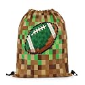 Castle Fairy Rugby Drawstring Backpack 13"X22",Pixelated Geometric Grid Water Resistant Beach Bag,Football Gamepad Video Games String Bag for Shopping Yoga,Brown Green Sackpack for Gym Sports
