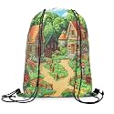 Castle Fairy Rustic Country Drawstring Backpack Pixel Style Log Cabin Sackpack for Beach Swimming Pool Building Video Games Draw String Bags Waterproof Sports Gym
