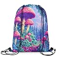 Castle Fairy Trippy Mushroom Drawstring Backpack Pixelated Video Games Sackpack for Beach Swimming Pool Nature Wild Plants Draw String Bags Waterproof Sports Gym