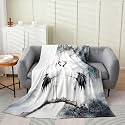 Castle Fairy Wild Crane Animals Bed Blanket,Chinese Landscape Print Flannel Blanket for Room Decor,Japanese Style Bedding Set for Kids Adults Sofa Dorm Decor,Throw 50"x60"