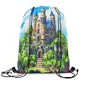 Castle Sports Backpack Vintage Fairy Tale Theme Drawstring Sackpack Pixelated Construction Video Games Drawstring Backpack for Women Gym Shopping Sport Yoga