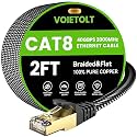 Cat 8 Ethernet Cable 2 FT Flat, High Speed 40Gbps 2000Mhz Braided Internet Cable with Gold Plated RJ45 Network LAN Cable SSTP, Heavy Duty Ethernet Cord Compatible for PS4/5, for Modems, PC/Laptop