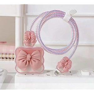 for 18-20w silicone bow charger case cover with 360-degree full protection new edition stylish charger cover charger for iphone for 18-20w usb-c power adapter pink