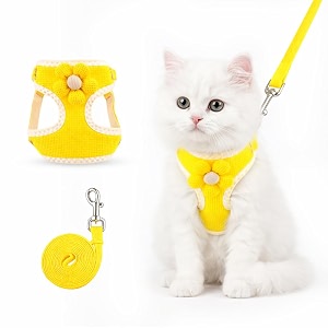 cat harness with leash - adjustable floral vest belt for persian cats amp small pets - soft padded escape proof cat neck belt for outdoor walks yellow small a32-56cm b26-50cm