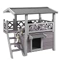 Cat House with Door for Feral Cats, Rainproof Outside Kitty House, 2 Story Wooden Kitten Condo with Stairs (AIR09-BS)