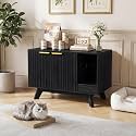 Cat Litter Box Enclosure with Litter Collector,Fluted Hidden Litter Box Furniture with Scratch Pad,31" Wooden Cat Cabinet,Cat House,TV Stand,Side Table for Living Room,Black