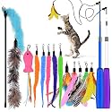 Cat Teaser, 15PCS Retractable Cat Toy Feather Teaser Cat Toy Cat Wand Feather Interactive Toys with Bells and Feather Refills Set for Indoor Cat and Kitten Exercise