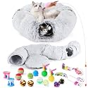 Cat Tunnel Bed with 20 Pcs Interactive Toys, 3-in-1 DIY Collapsible Plush Cat Tube with Washable Mat, Large Indoor Play Tunnel Cave for Kittens and Small Animals