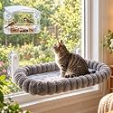 Cat Window Perch with Bird Feeder, Plush Suction Cup Window Cat Bed, M Size