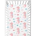 CaTaKu Crib Sheets for Baby Girls Pink Cute Seahorse Fitted Baby Sheets for Mini Crib, Toddler Mattress Sheets Pink Cute Seahorse Crib Bed Sheets Girls 28"x 52"