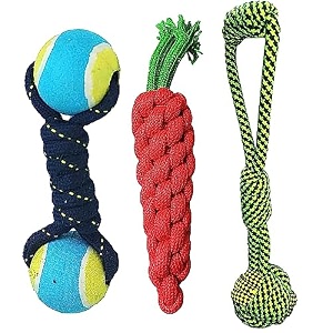 cature care by nature rope toys for dogs - set of 3 durable cotton chew teething toys for puppy playing teeth cleaning and training color may vary