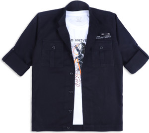 CAVIO Boys Printed Casual Dark Blue Shirt
