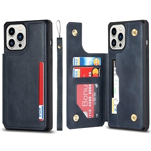 cavor for iphone 11 pro max wallet case with card slots holderpremium pu leather kickstand feature case wrist strap double magnetic clasp shockproof flip cover case -blue