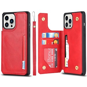 cavor for iphone 11 pro max wallet case with card slots holderpremium pu leather kickstand feature case wrist strap double magnetic clasp shockproof flip cover case - red