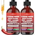 Cayenne Pepper Supplement Liquid Drops + Hawthorn Berry, Vitamin D3 K2 Beet Root Powder, Ceylon Cinnamon, Turmeric Curcumin, Organic Panax Ginseng - 4oz