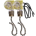 Ceiling Fan Light Switch Zing Ear ZE-109 Two-Wire With Pull Cords for Fans, Lamps and Wall Lights - Pull Chain Control Replacement On-Off, 2 Pcs Bronze