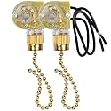 Ceiling Fan Switch Zing Ear ZE-109 Two-Wire Light With Pull Cords for Fans, Lamps and Wall Lights - Pull Chain Control Replacement On-Off, 2 Pack (Brass)