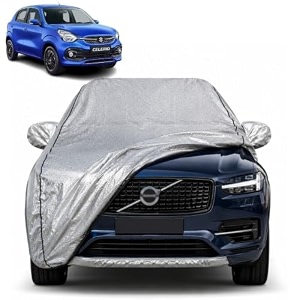 celerio 100 waterproof car cover  dustproof sun protection cover  soft cotton lining  triple stitched  mirror pocket  antenna pocket  all weather body cover silver with yellow piping