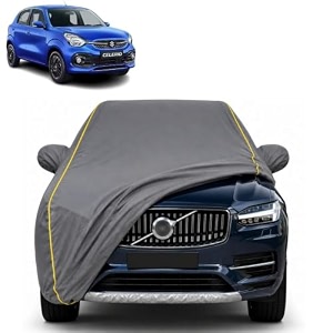 celerio 100 waterproof car cover  dustproof sun protection cover  soft cotton lining  triple stitched  mirror pocket  antenna pocket  all weather body cover grey with yellow piping