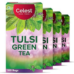 celest tulsi green tea - 100 bags pack of 4  green tea bags 100 pcs  400 tea bags