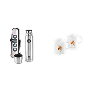 cello easy style stainless steel flask 500ml silver  orange lily opalware sisely mug set 2-pieces white 270ml combo