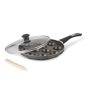 cello granitas appe patra with glass lid non-stick heavy duty aluminium 25 cm 11 cavity  single handle with glass lid  appam maker  appam patra  appam pan  litti maker  black