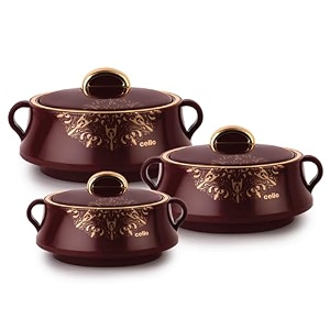 cello midas set of 3 pieces casserole hot pot box for kitchen brown 500ml 1000ml 1500ml  serving inner steel insulated food grade airtight sturdy handle casseroles case set for roti rice biryani