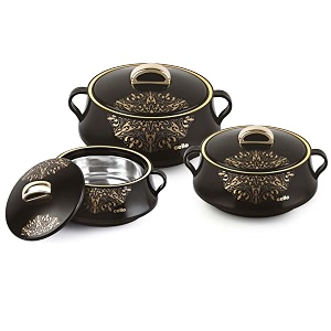 cello midas set of 3 pieces casserole hot pot box for kitchen black 500ml 1000ml 1500ml  serving inner steel insulated food grade airtight sturdy handle casseroles case set for roti rice biryani