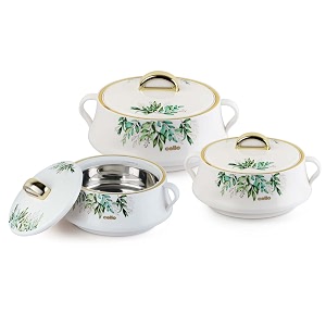 cello midas set of 3 pieces casserole hot pot box for kitchen white 500ml 1000ml 1500ml  serving inner steel insulated food grade airtight sturdy handle casseroles case set for roti rice biryani