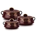 CELLO Midas Set of 3 Pieces Casserole Hot Pot Box For Kitchen, Brown (500ml, 1000ml, 1500ml) | Serving Inner Steel Insulated Food Grade Airtight Sturdy Handle Casseroles Case Set For Roti Rice Biryani