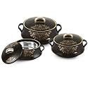 CELLO Midas Set of 3 Pieces Casserole Hot Pot Box For Kitchen, Black (500ml, 1000ml, 1500ml) | Serving Inner Steel Insulated Food Grade Airtight Sturdy Handle Casseroles Case Set For Roti Rice Biryani