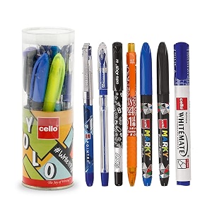 cello yolo stationery combo pack  pack of 12 stationery items  4 ball pens  3 gel pens  2 permanent markers  3 assorted items  office stationery items  best pen  cello pens  cello stationery