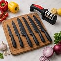 Celvee 6 Pcs Kitchen Knife Set with Covers &amp; Sharpener, Stainless Steel Black Coated Best Knives, Premium Chef Knife Set for Kitchen Use for Home &amp; Restaurant (6 Knife Set + Knife sharpner)
