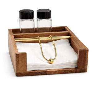 centralit napkin holder for table with salt and pepper set bottles  tissue paper holder stand  acacia wood napkin holder with gold handle  dining table organizer